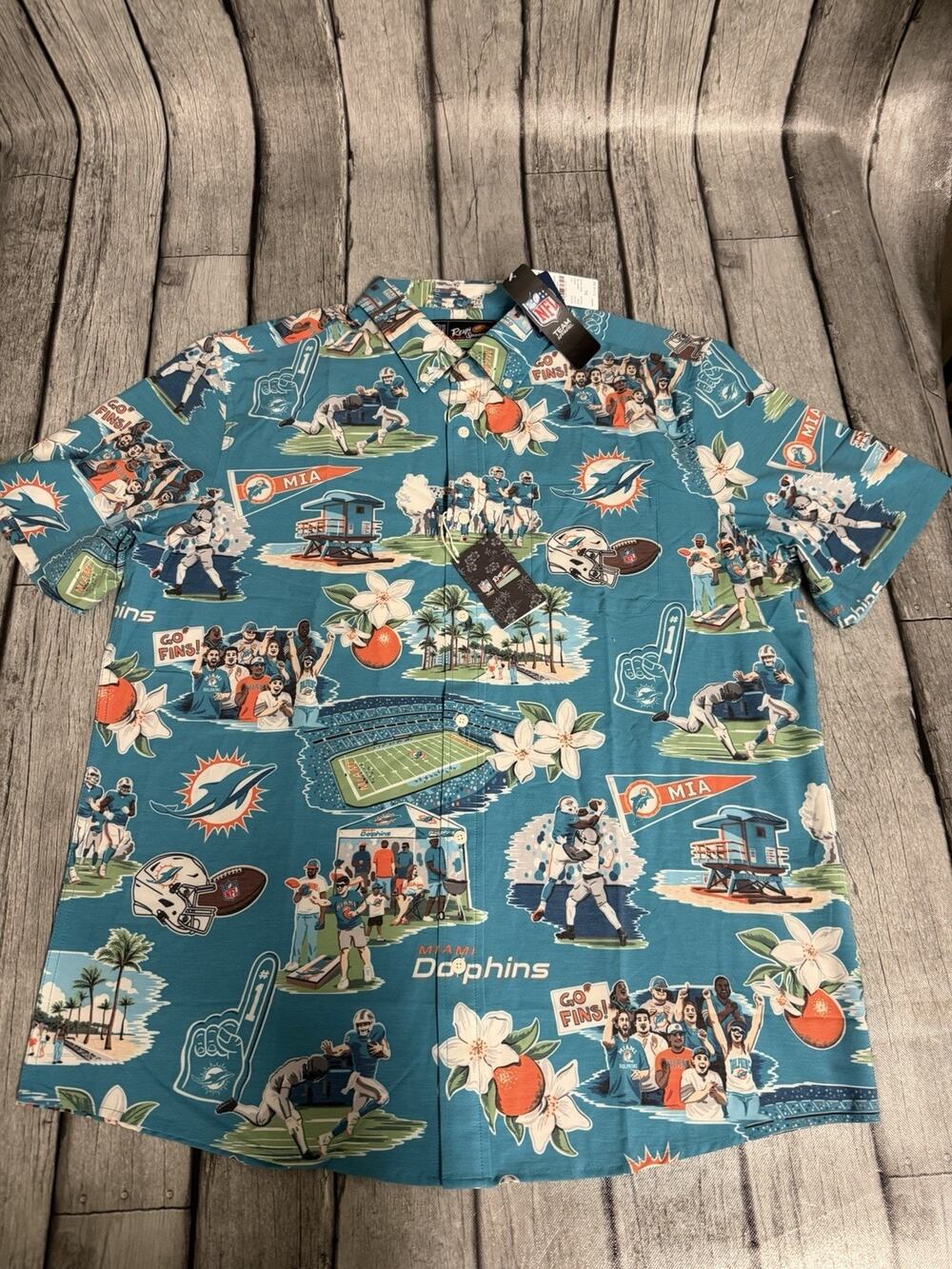 NWT Men’s Reyn Spooner Miami Dolphins Scenic Button Front Shirt Aqua XL